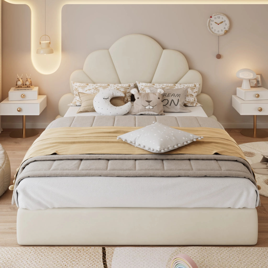 Letto Matrimoniale 140 x 200 cm; Testiera a Fiore; Imbottito in Velluto - Beige