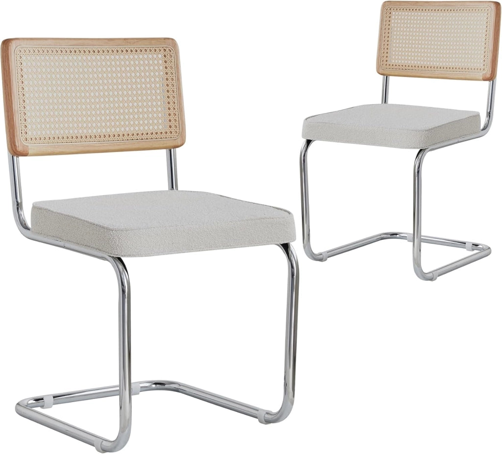 GrandCA HOME Set di 4 Sedie da Pranzo con Schienale in Canna Naturale e Base in Acciaio Cromato, Sedie da Cucina Imbottite in Rattan,Grigio