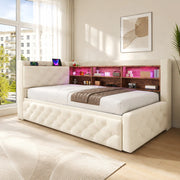 Divano letto estraibile 90x190 cm in velluto beige con LED, USB e USB-C