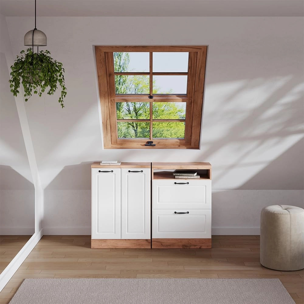 Set di mobili sottotetto Rion, Bianco casa di campagna, 120 cm Set di 2 carcasse armadio profondità 60 cm, adatto per il salvaspazio sotto tetti spioventi