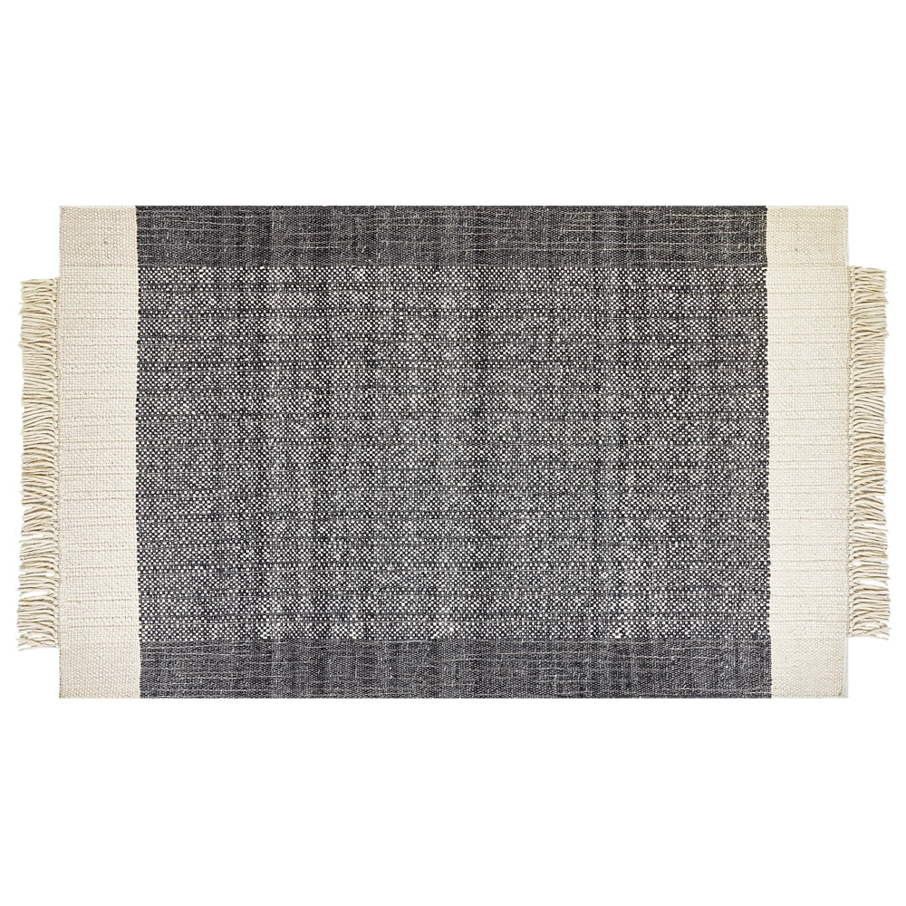 Tappeto in lana bianco sporco nero 140 x 200 cm fatto a mano con nappe moderne