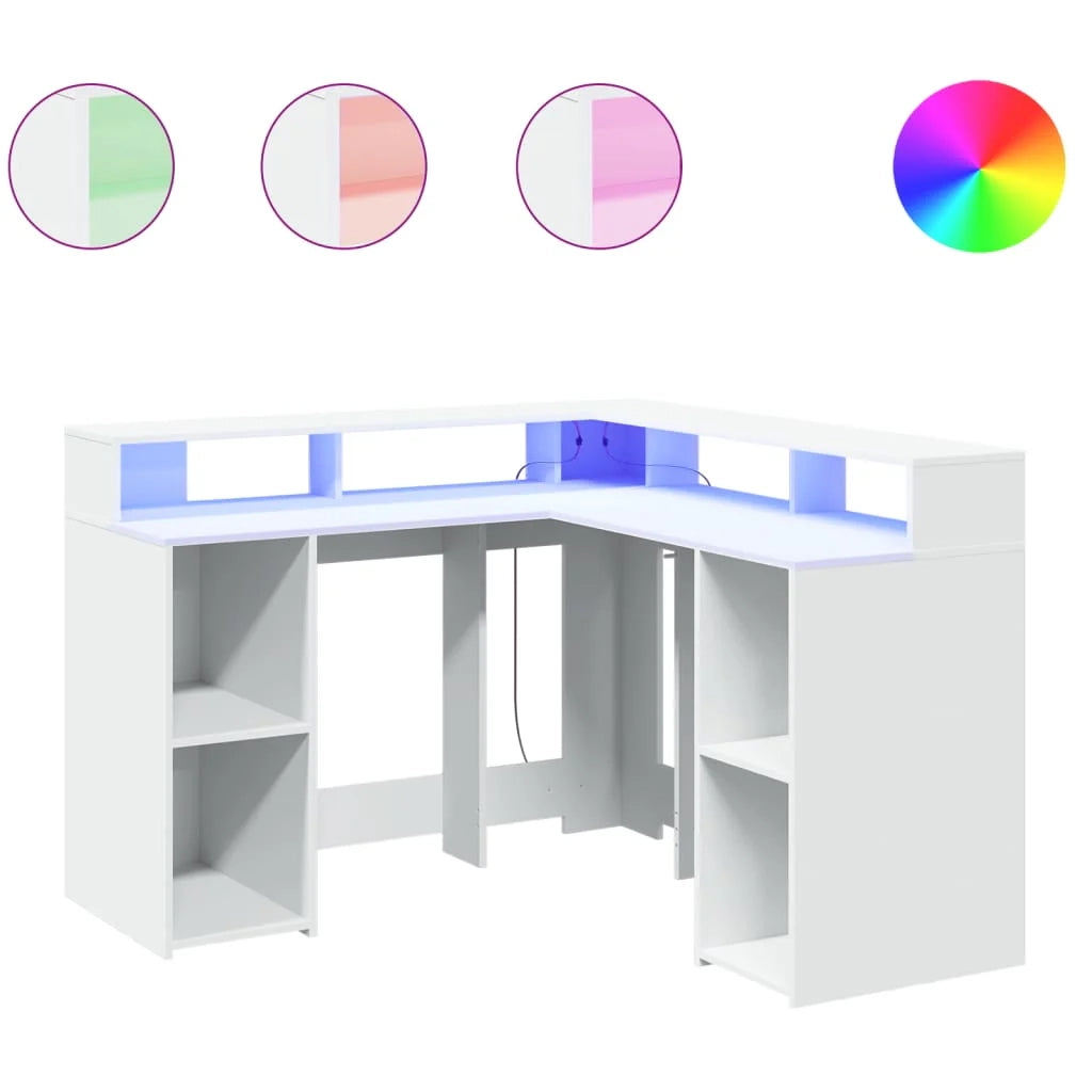 Scrivania tavolo postazione di lavoro scrivania per computer mobile da studio con luci a LED 130 x 130 x 91 cm legno ingegnerizzato bianco 02_0023405