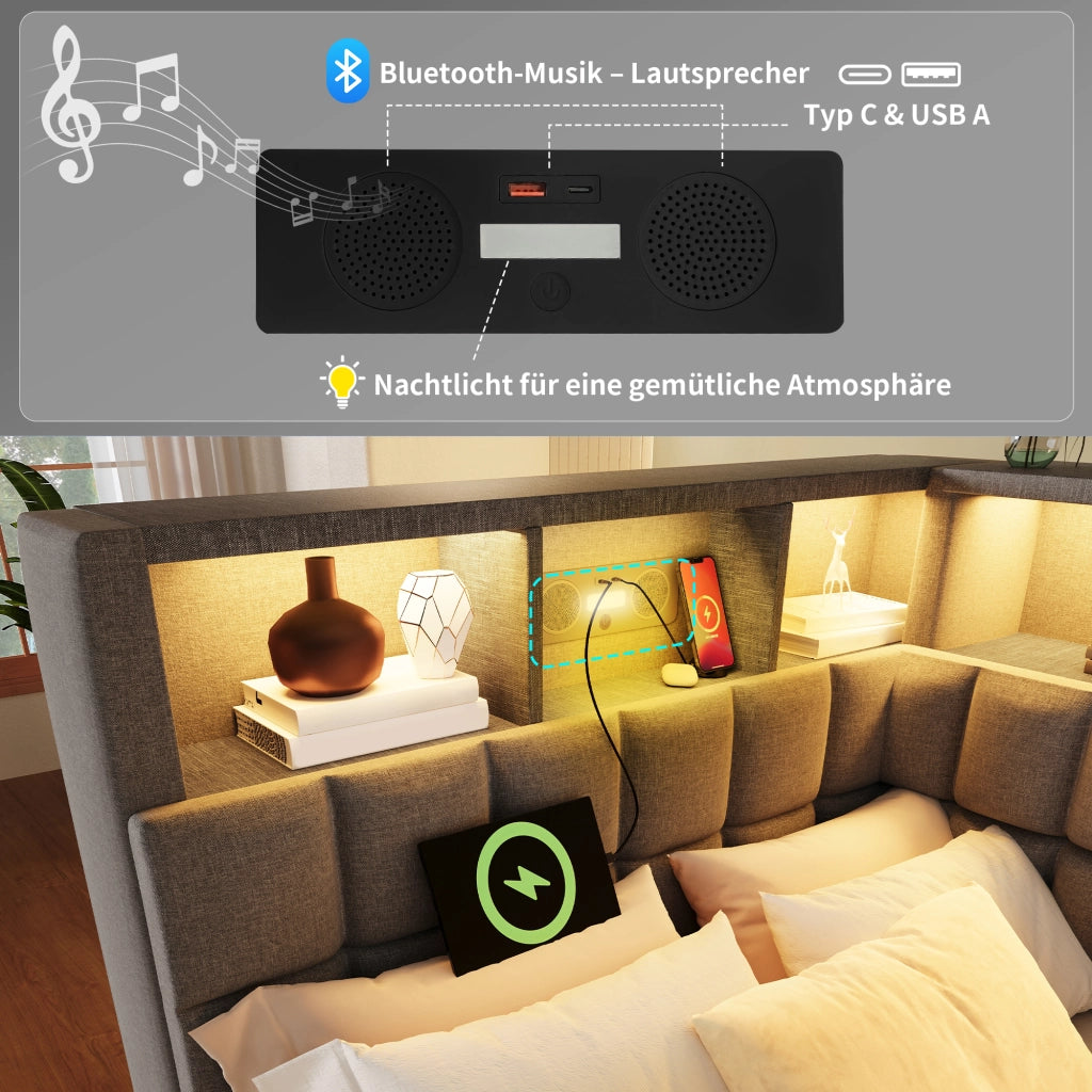 Divano letto in lino con letto estraibile, LED e USB-C, 90x200 cm, grigio
