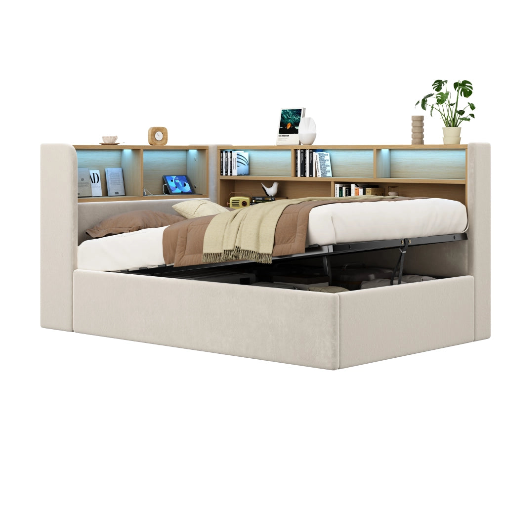 Letto Singolo 90x200 cm Contenitore; LED; USB e Type-C; Velluto Beige