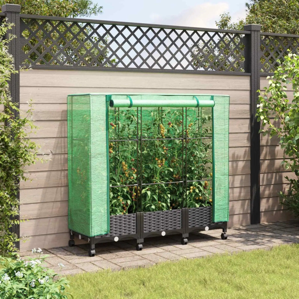 Vaso da Giardino con Copertura per Serra e Ruote 3 pz Nero PP 3423062