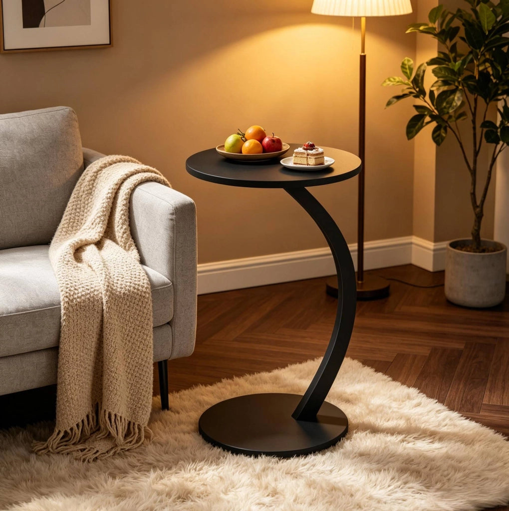 Tavolino laterale a C rotondo 40x65 cm in MDF e metallo nero， salvaspazio per divano
