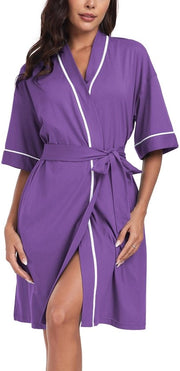 Badjassa da donna in cotone 100%, giacca estiva leggera, maniche corte, kimono per sauna, abbigliamento notturno leggero per donna (blu, S)