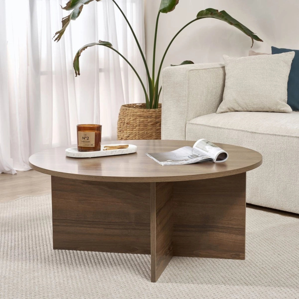 Simbario, Tavolino da Salotto Forma Rotondo, 90x90x40h cm Marrone Noce