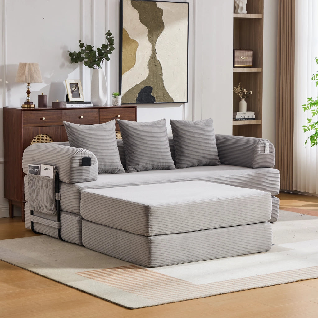 Divano modulare con tasca laterale e 3 cuscini, struttura in metallo per salotto in tessuto corduroy grigio chiaro