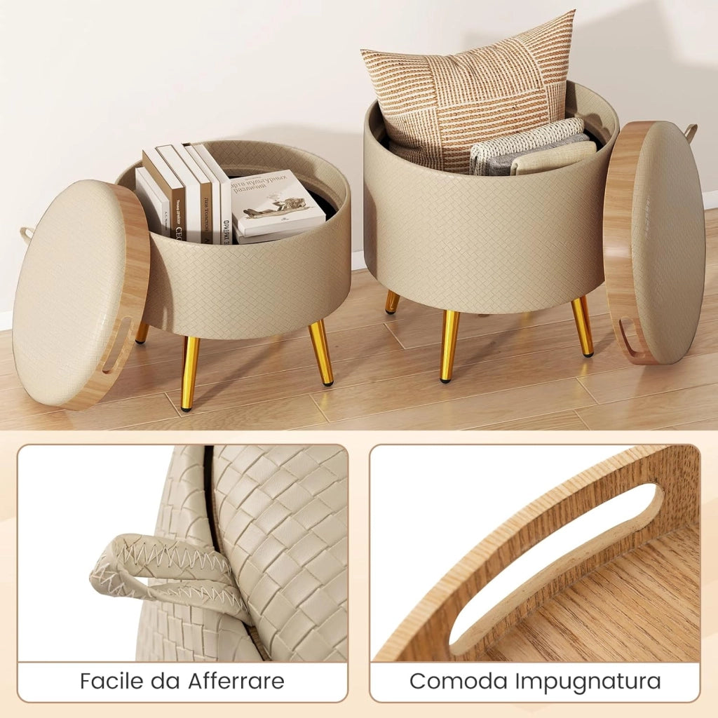 Set di 2 Pouf Contenitori Rotondi 23L + 6L, Ottomano con Vano Portaoggetti e Coperchio Rimovibile, Sgabelli da Trucco Imbottito con Gambe in Metallo, per Ingresso e Salotto