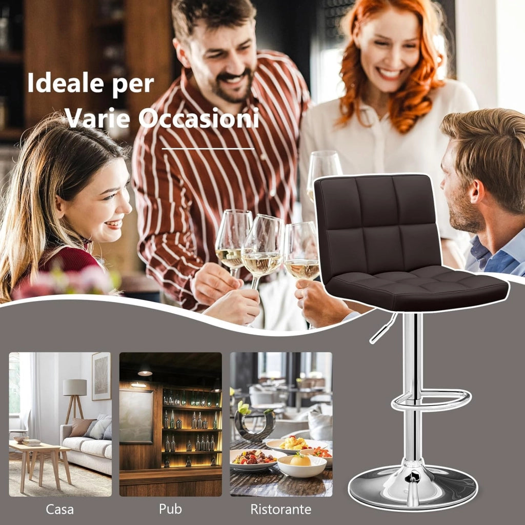 Set di 2 Sgabelli da Bar in Ecopelle Altezza Regolabile, Seduta Girevole a 360°, Poggiapiedi e Base Metallica Antiscivolo, Sgabelli da Pranzo per Isola Cucina Bar, Portata 150 kg (Marrone,2)