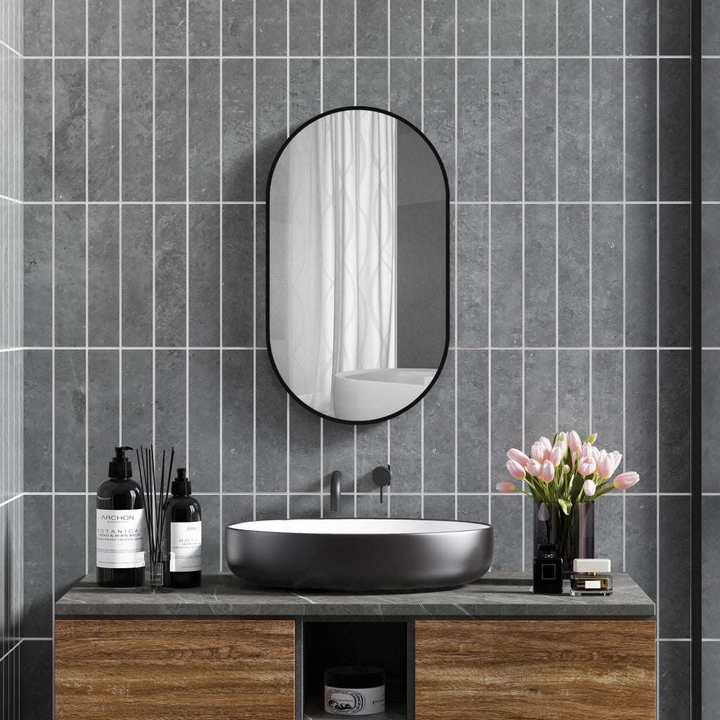 Specchio Bagno Ovale da Parete ¨C Xylo ¨C Cornice Alluminio Nero 40x70cm