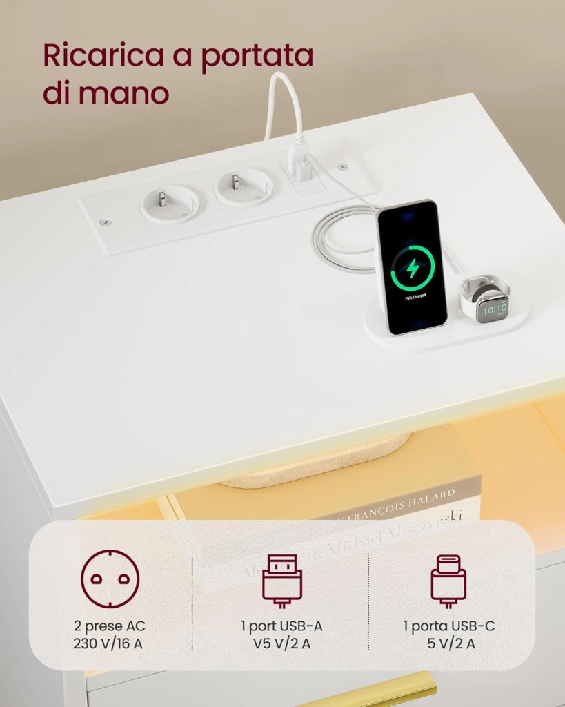 VASAGLE CUSTOS Collezione - Set di 2 Comodini con Stazione di Ricarica, Luce LED, Tavolini Moderni con Cassetti, Ripiano Aperto, 2 Prese AC e Porte USB, Bianco Nuvola LET829WB01