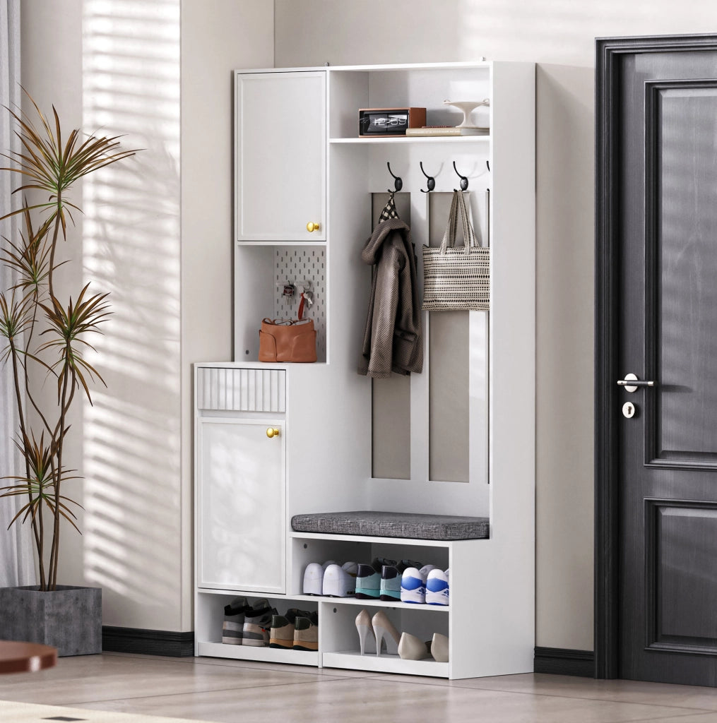 Mobile da ingresso 6 in 1 con panca, appendiabiti e cassetti, bianco