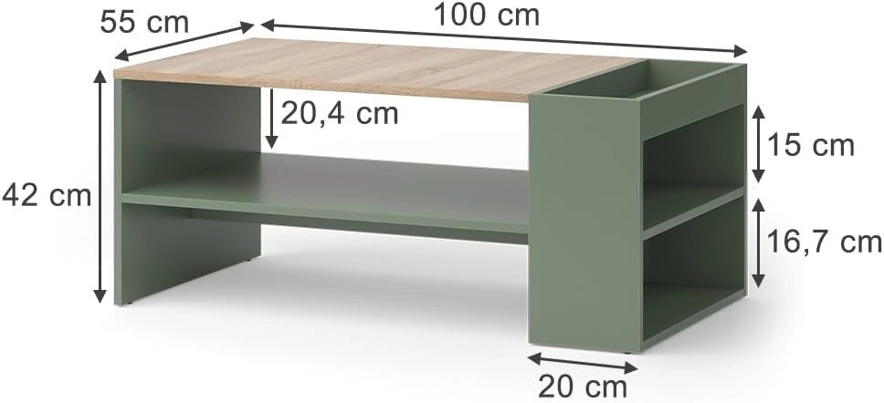 Tavolino da salotto Wido, Verde, 100 x 55 cm con ripiani, adatto per riporre riviste e telecomandi