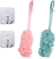 Set da bagno 2 pezzi con spazzola per il corpo e spugna per il bagno con lunghe setole, aiuto idratante per la schiena, spazzola per il bagno a rete, spazzola esfoliante per la pelle, set di spugne per la doccia per donne e uomini