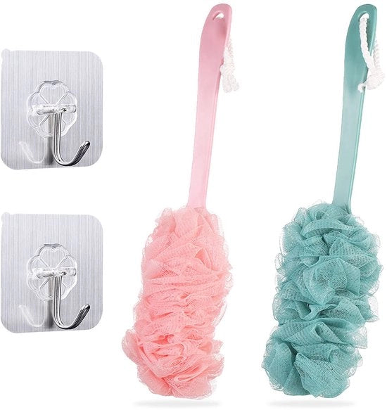 Set da bagno 2 pezzi con spazzola per il corpo e spugna per il bagno con lunghe setole, aiuto idratante per la schiena, spazzola per il bagno a rete, spazzola esfoliante per la pelle, set di spugne per la doccia per donne e uomini