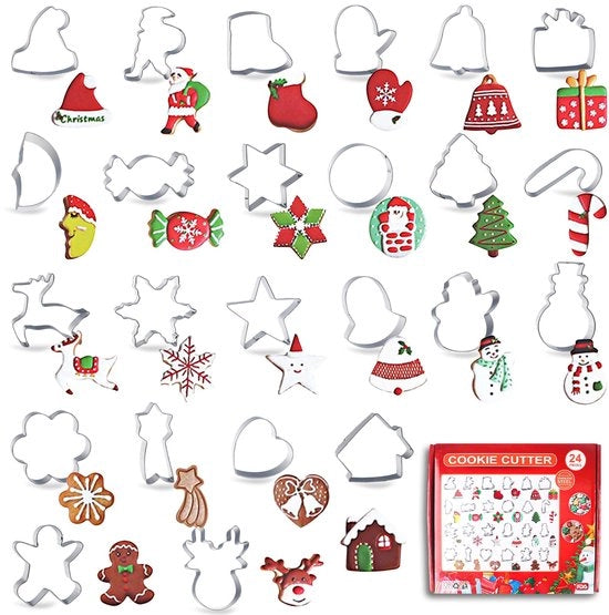 Set di stampi per biscotti di Natale da 24 pezzi, forma biscotti in acciaio inossidabile, stampi per biscotti e decorazioni di Natale, set di attrezzature per la decorazione di biscotti e torte di Natale, per biscotti e decorazioni di Natale