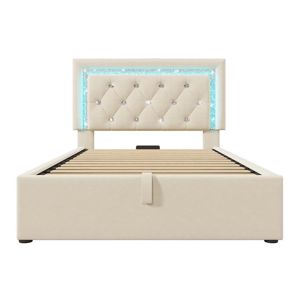 Letto imbottito-Xylo-90x200cm LED diamante USB-C idraulico velluto beige con materasso
