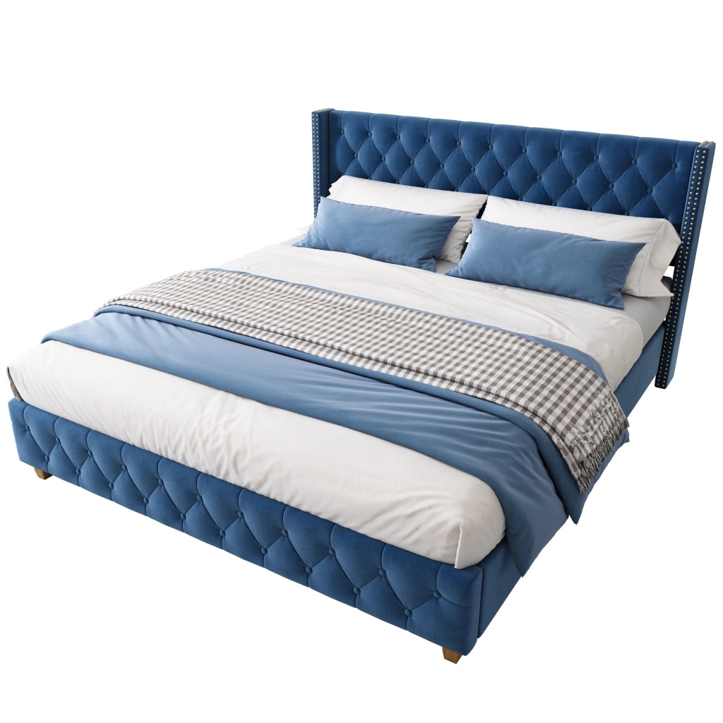Letto Imbottito 160 × 200 cm; Matrimoniale con Testiera Trapuntata e Borchie; senza Materasso; Velluto Blu