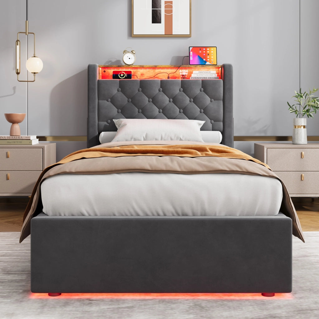Letto imbottito grigio 90x200 cm con contenitore idraulico, LED e porte USB-A e USB-C