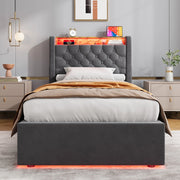 Letto imbottito grigio 90x200 cm con contenitore idraulico, LED e porte USB-A e USB-C