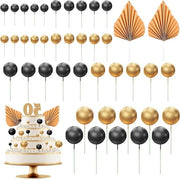 Decorazioni per torta in forma di pallone nero e oro - 42 pezzi di mini palloni decorazioni per torta con foglie di palma per festa di benvenuto del bambino e matrimoni.