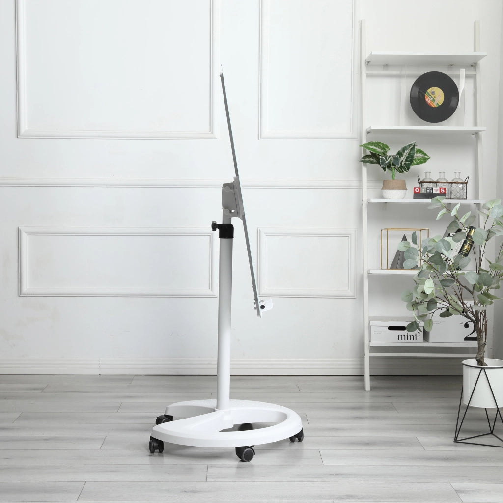Lavagna magnetica in vetro temperato bianco 90 x 60 cm, regolabile in altezza e inclinazione, con ruote bloccabili