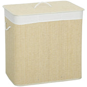 Cesto Portabiancheria 60x40x60 cm con Coperchio 3 Scomparti 144L con Sacca Removibile e Lavabile in Bambù Crema
