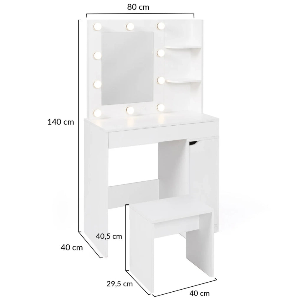 IDMarket - Mobiletto ZELIA con specchio LED, 1 cassetto, ripiani, contenitore e sgabello