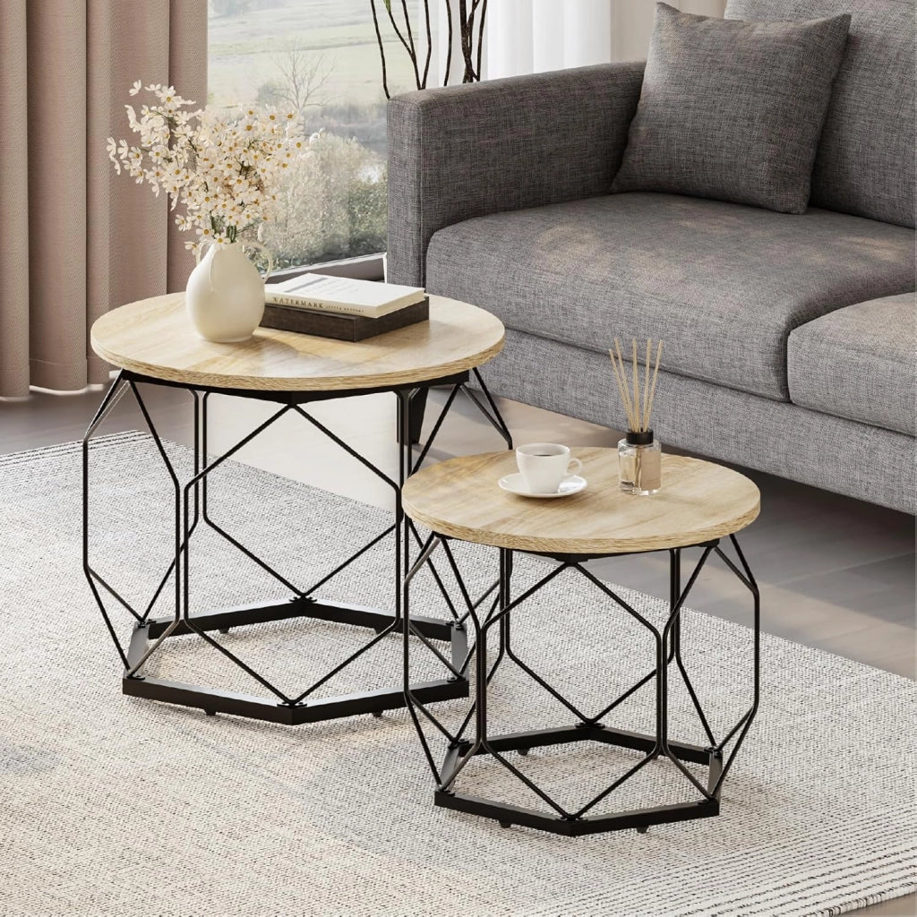 Set di 2 Tavolini da Salotto Rotondi, Tavolini Contenitori in Legno e Metallo, Tavoli da Caffè con Piano Rimovibile, per Soggiorno, Camera da Letto, Legno + Nero, BTS05hei
