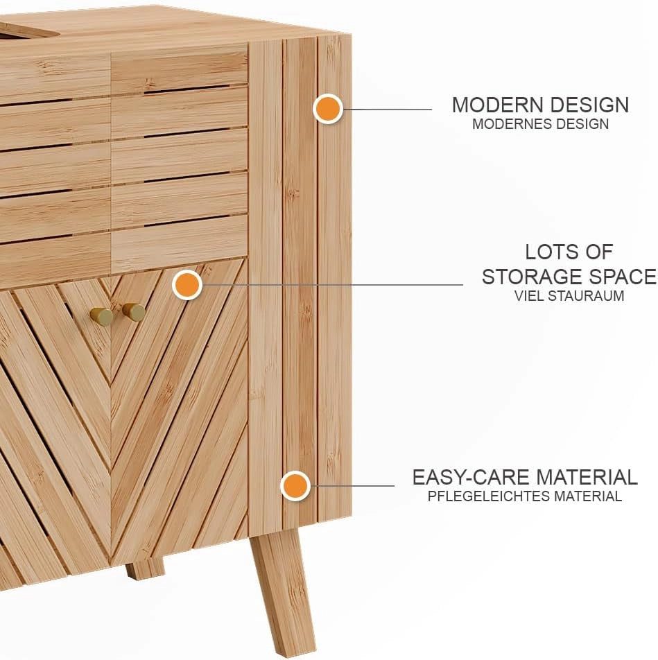 Mobiletto per lavabo Lucie, Bambù, 60 x 65 cm con 2 porte, adatto per la conservazione salvaspazio di accessori da bagno