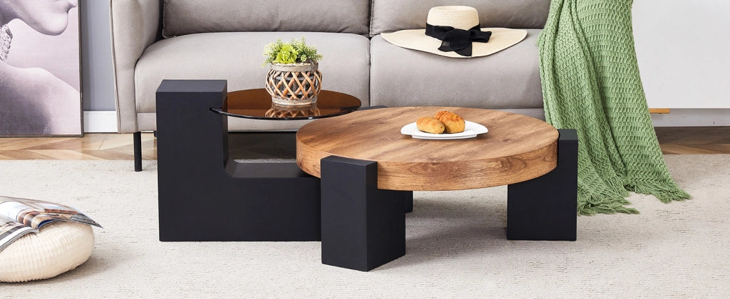 TAVOLINO DA SALOTTO Rotondo 2 piani 61 cm Vetro/MDF Nero-Legno Set 2 pezzi