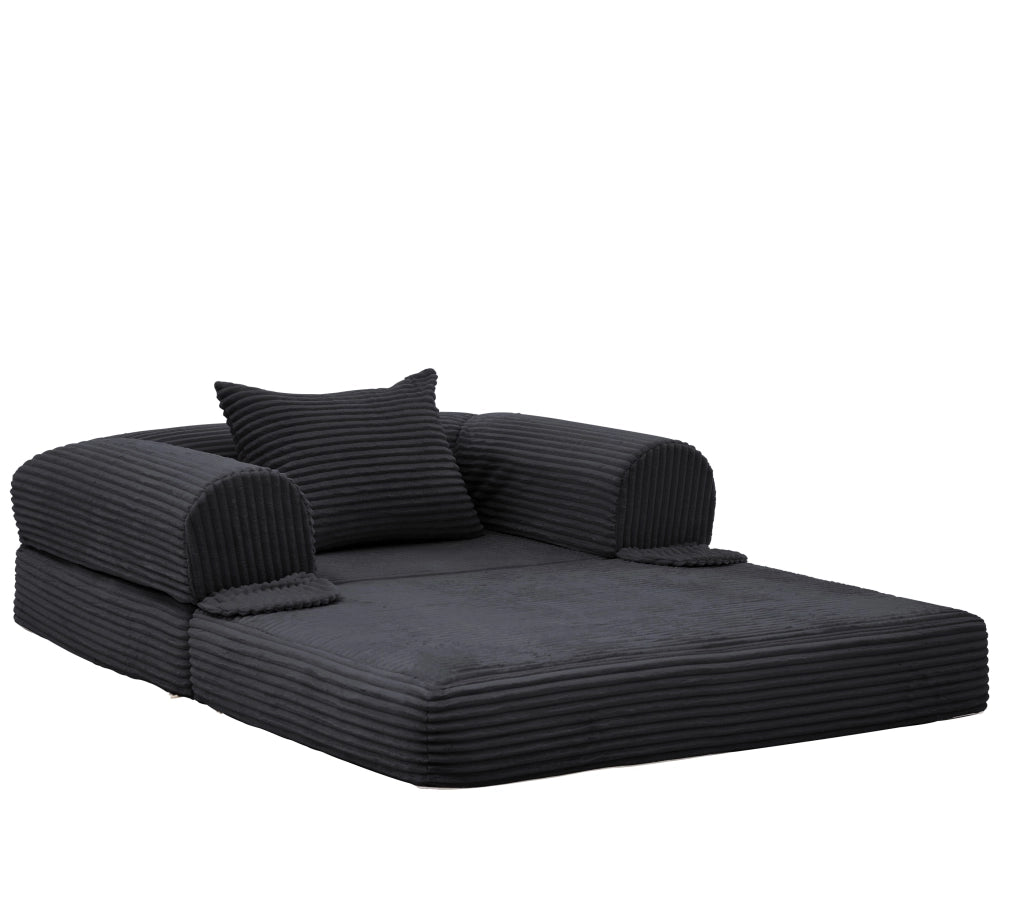 Divano letto singolo pieghevole in tessuto corduroy nero, multifunzione 2 in 1, salvaspazio con cuscino