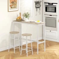 Set da Bar con Tavolo Alto e 2 Sgabelli, Struttura in Acciaio, Piano Effetto Legno Naturale, 2 Persone, Bianco