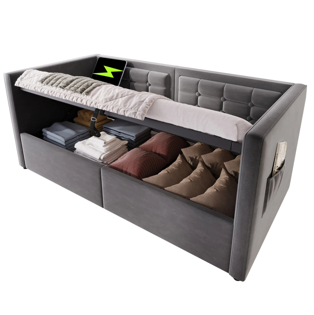 Divano letto singolo 90x190 cm in velluto grigio con contenitore idraulico e USB Type-C