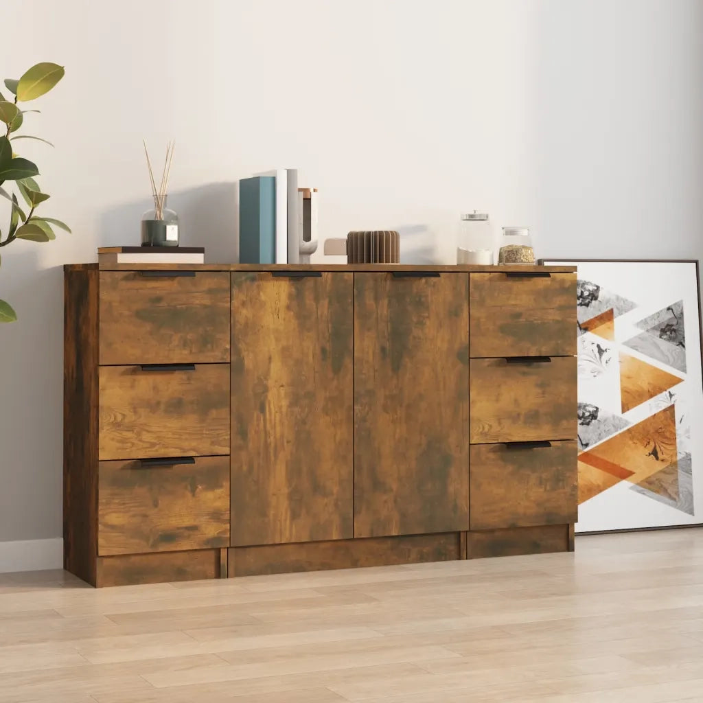 Credenze 3 pz | Madia | Buffet da pranzo | Armadio da pranzo Rovere Fumo in Legno Multistrato