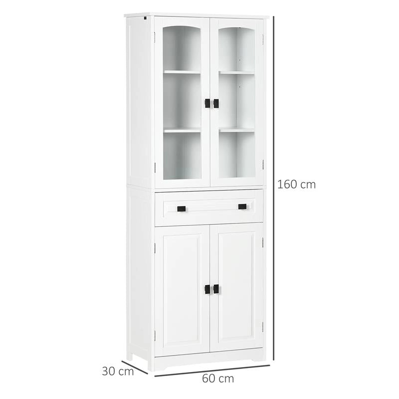 CREDENZA DA CUCINA ALTA CON 2 ARMADIETTI E CASSETTO, ANTE A VETRI E RIPIANI REGOLABILI, 60X30X160CM, BIANCO