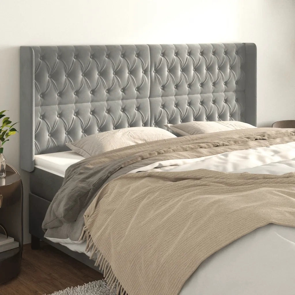 Testiera ad Orecchio-Testata con Orecchie Grigio Chiaro 203x16x118/128 cm in Velluto 372597