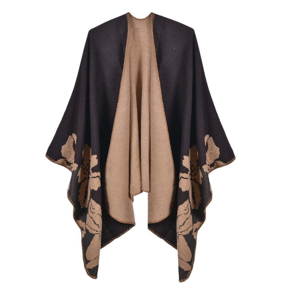 Nuovo scialle/mantella in jacquard di cashmere alla moda con spacchi, spesso e ampio, da donna.