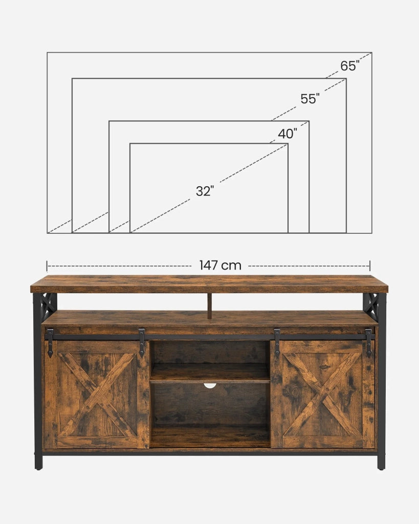 Mobile porta TV per TV fino a 65 pollici con ripiani regolabili 40 x 147 x 76 cm ante in stile fienile rustico struttura in metallo marrone e nero rustico 12_0006574