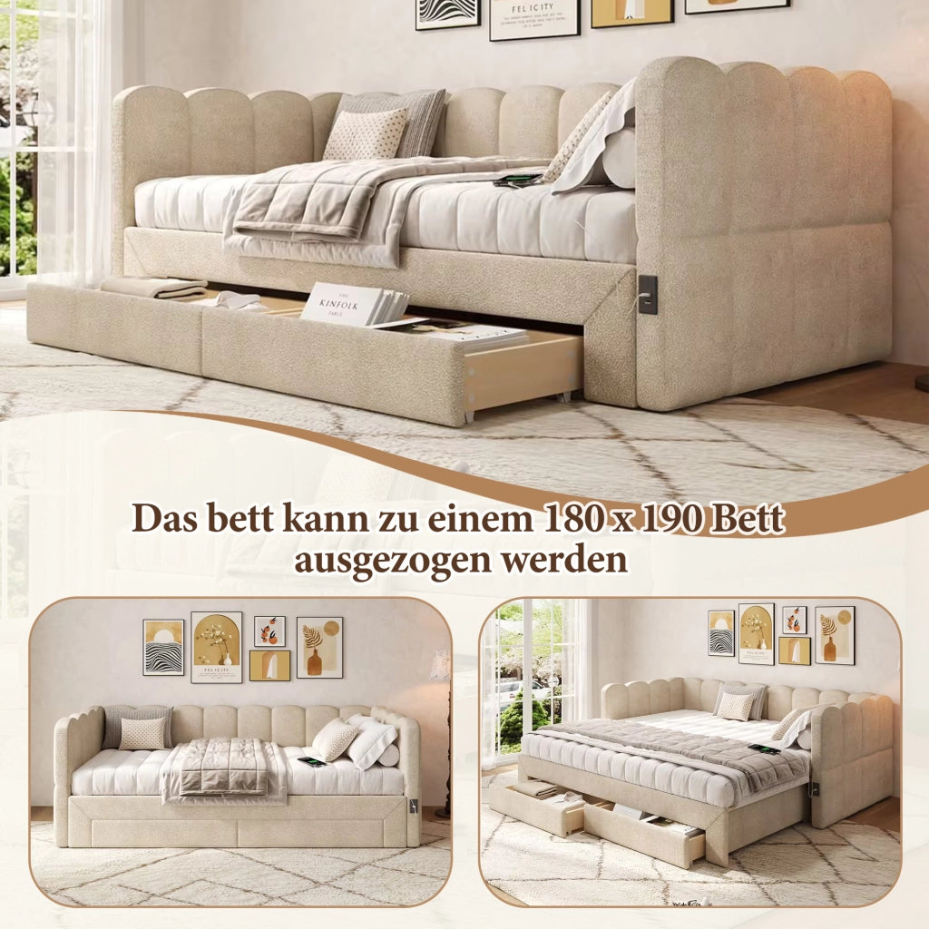 Lit divano 90 × 190 cm 2 posti con cassetti, USB e Type-C, estensibile a 180 × 190 cm, senza materasso, in ciniglia beige
