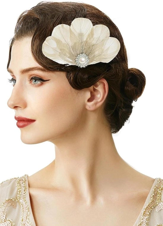 Clip per capelli con piuma e strass - Copricapo festivo per donne 20s Gatsby - Colore beige
