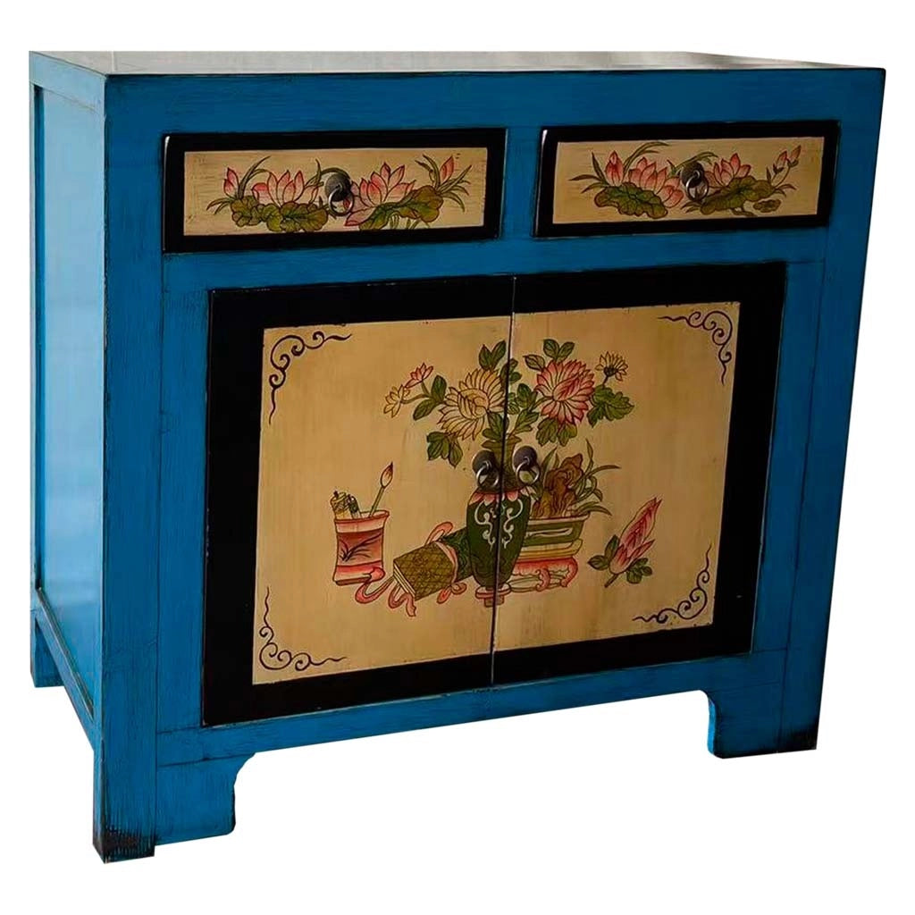 Credenza in legno dipinta a mano blu fatta a mano 90x40x87h cm