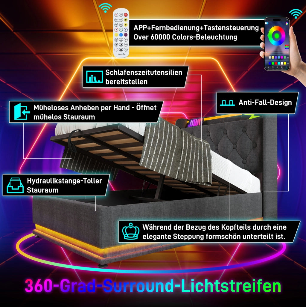 Letto singolo 90x200 cm in lino grigio con LED; USB e contenitore idraulico
