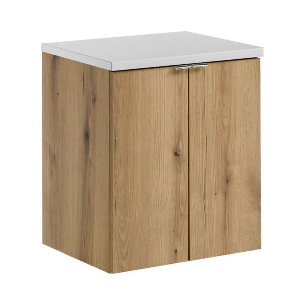 Set da bagno sospeso VANO in rovere e bianco 50cm: mobili sotto lavabo con armadietti + piano per lavabo