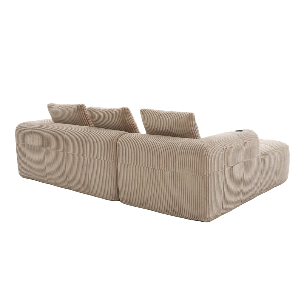 Divano compatto modulare in corduroy khaki 253x158x61 cm; con tasche laterali e portabicchieri