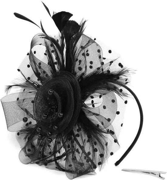 Fascinator con veletta nera per donne - Cappello vintage per matrimoni e Ascot - Cappello da tè con gabbia per uccelli e parasole