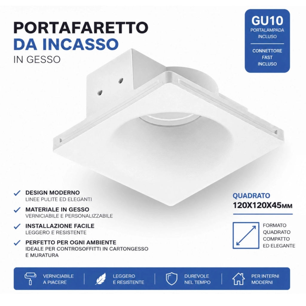Portafaretto In Gesso Da Incasso, Quadrato 120X120X45mm, Bianco Verniciabile Portalampada GU10 e Connettore Fast Incluso