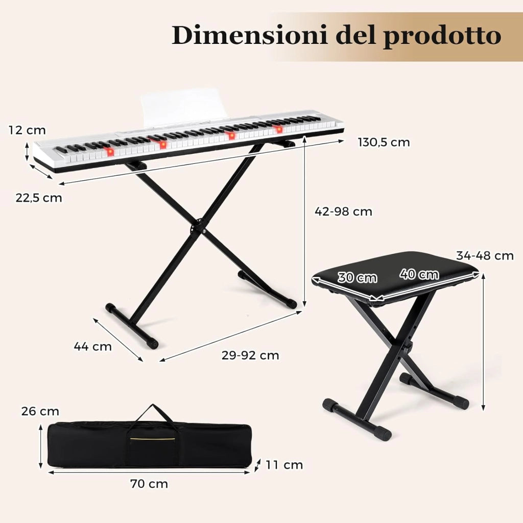 Tastiera Pianoforte Elettrico a 88 Tasti, Piano Digitale con Supporto e Sgabello Regolabili, Tastiera Sensibile, Tasti e Pulsanti Illuminati, Funzione MIDI, Pedale di Sustain, Cuffie (Bianco)